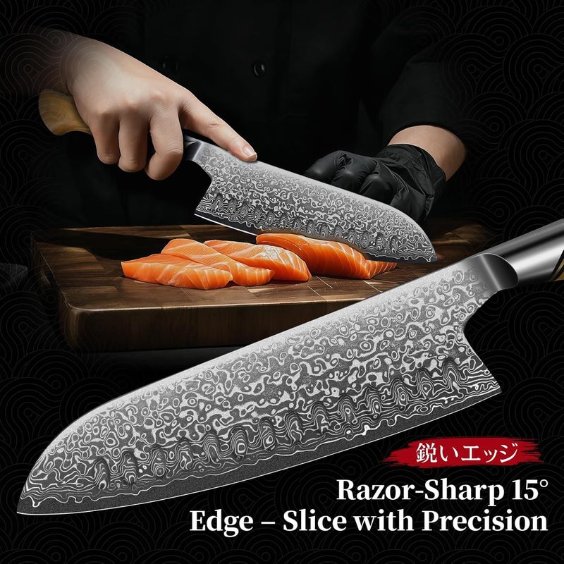 Tivoli Damascus Santoku Knife 7 inch – Japanese VG-10 Professional Kitchen Knife for Meat and Vegetables with Ergonomic Olive Wood Handle, Gift Box Included, Ideal Gift - Image 5